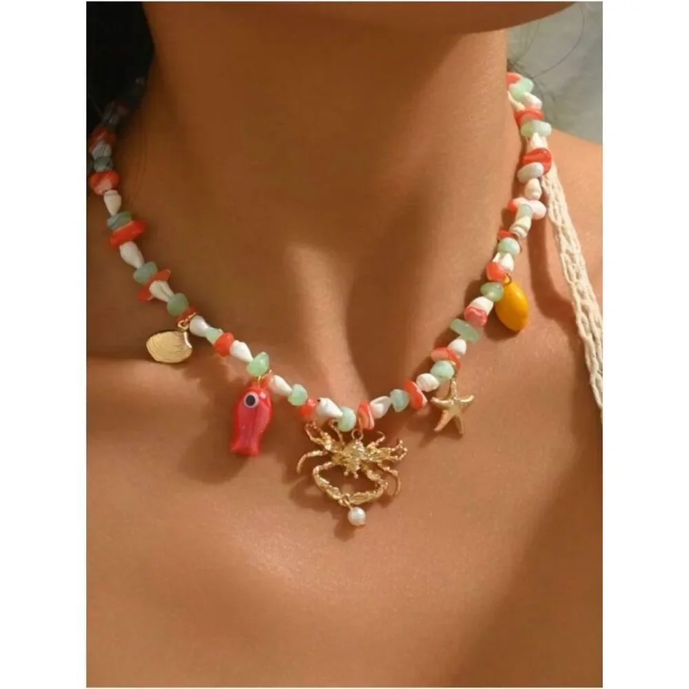 Gold Crab Charm Beaded Necklace A1902
